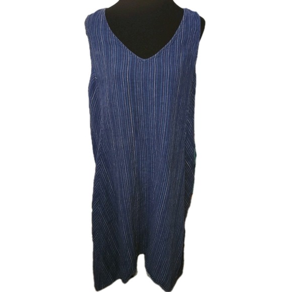 J. Jill Love Linen Blue Striped Dress Sleeveless Hi Lo Pocket Lagenlook XL - Picture 3 of 10